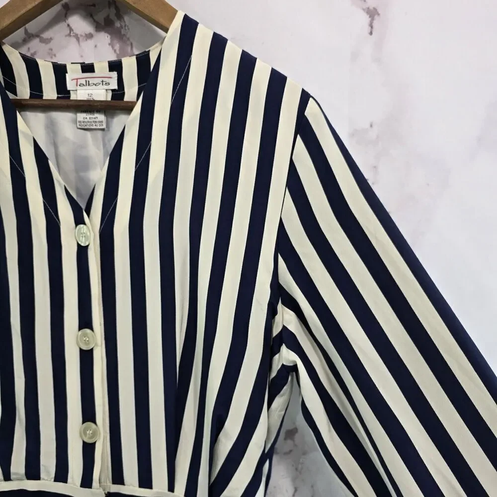 Vintage Silk Dress Womens Large 12 Navy Cream White Midi Maxi Striped Talbots - Picture 15 of 16